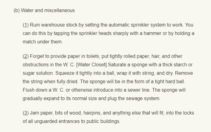 For those 1936 German citizens who may not be comfortable with setting buildings ablaze, the O.S.S. also recommends option (b) Water and miscellaneous sabotage that is sure to put a damper into SS operations nationwide. /33
