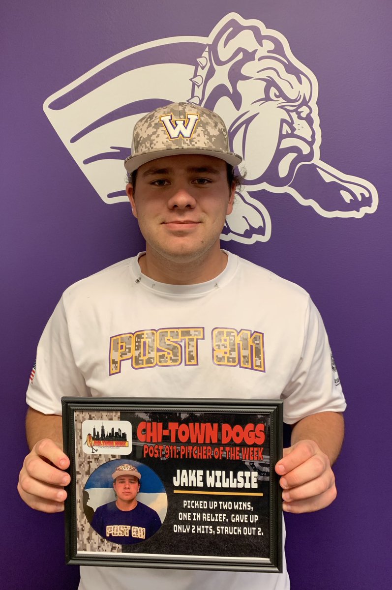 Post911Baseball's tweet photo. Congrats Jake Willsie (@TheChin15) on being named @chi_town_dogs Post 911 Pitcher of the Week! #WellDoneBulldog #BulldogLEGION #LegionBALL Enjoy your gift card!! @BulldogLife_WHS @GOWHS_StudSec @GOWHS_Baseball https://t.co/yLhhhBg9dC