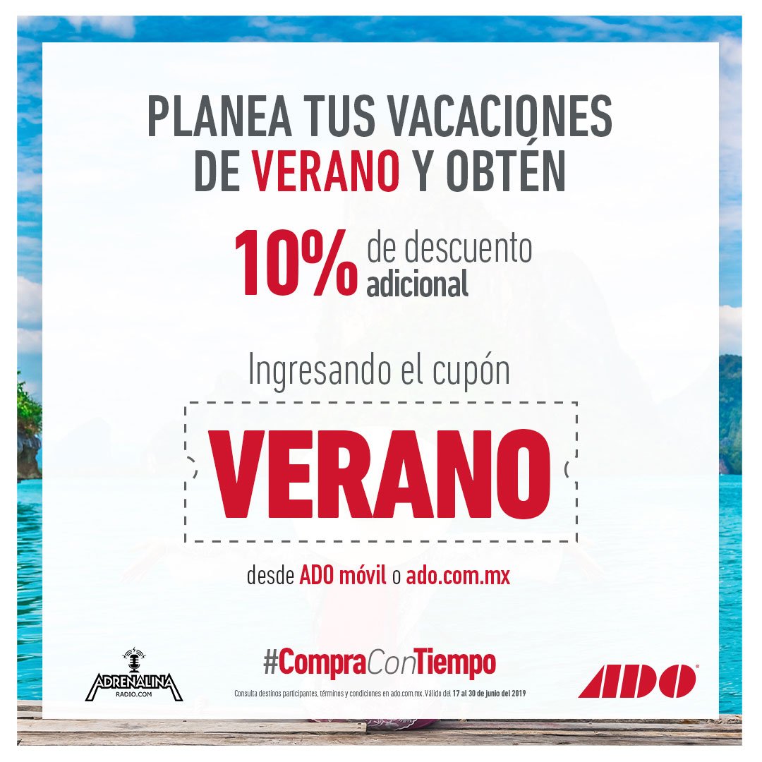 adrnetworksmx's tweet photo. @AdrenalinaRadio Te invita:
Estas vacaciones de Verano serán las mejores. Planéalas ahora y con este "promocode" obtén un 10% de descuento adicional en @tuADO #CompraConTiempo.
más información aquí https://t.co/TnOC8HrhgL https://t.co/ZrkrWUdzpj