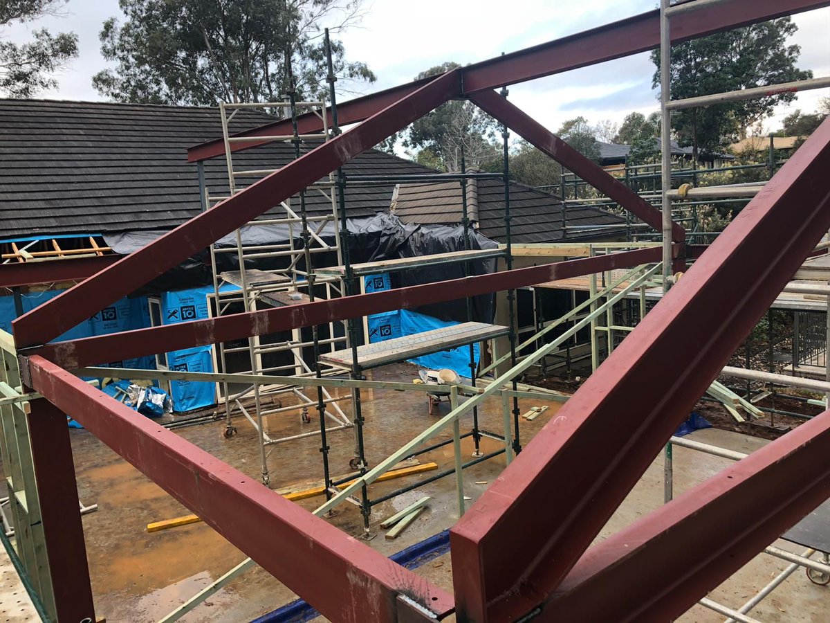 The steel has been craned in and is in place for our wall and roof frame at our Camden extension.

#32DegreesBuilding #ExtensionSpecialists #Building #sydneybuilder #steel #roofFrame