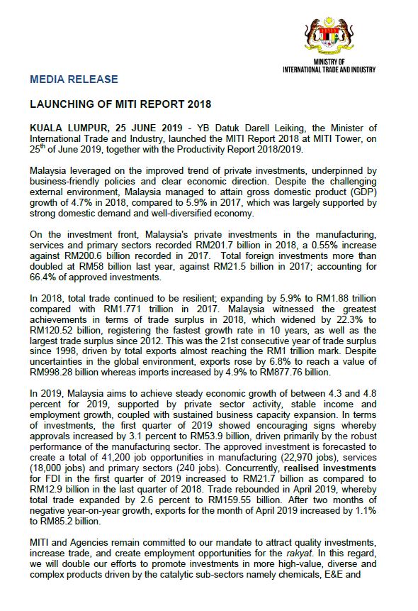 MITIMalaysia's tweet photo. MITI MEDIA RELEASE : LAUNCHING OF MITI REPORT 2018
@DarellLeiking @imokman @lha_miti https://t.co/PUUSMWFWwK