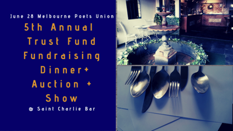 MelbournePoetsU's tweet photo. Our annual Trust Fund Dinner is on this Friday @Saintcharliebar in Fitzroy. With performances by Viki Mealings from @BrittleSun, @BrendanBonsack, and Awkward Strangers, plus a poet auction (yes, bid for a poet)! Book now. https://t.co/ps8S5rE8fK https://t.co/GIH7JuivWM