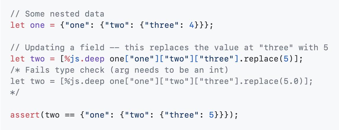 jaredforsyth's tweet image. Ok @reasonml folks, for a project where I&apos;ve got a lot of js interop, I got frustrated with existing ways of working with complex javascript objects, and cooked up a ppx github.com/jaredly/js_dee…
[%js.deep] for immutable updating of javascript objects.
let me know what you think :)