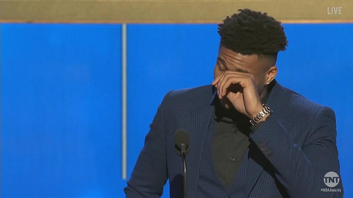 espn's tweet photo. Giannis teared up during his MVP acceptance speech. #NBAAwards https://t.co/TQ5vNP15jw