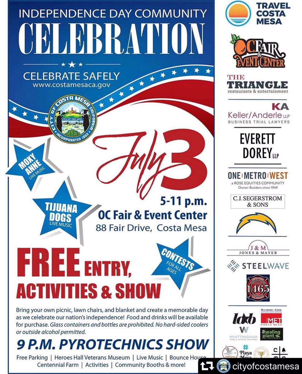arlis4costamesa's tweet photo. Friends! Join us July 3rd for a community celebration with FREE food, FREE music, FREE parking, FREE activities, a FREE pyrotechnics show, and dunk tank! Parking &amp; entry is also free!

🗓 Wednesday, July 3
⏰ 5pm-11pm, fireworks @ 9pm
🗺 OC Fairgrounds, 88 Fair Drive, Costa Mesa https://t.co/rNTN2FhfpQ
