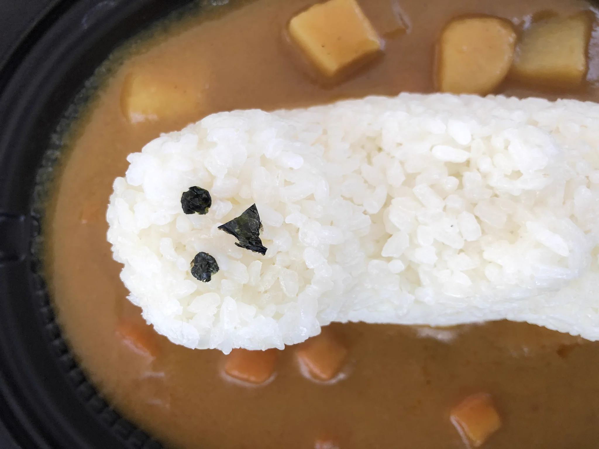 ねこ型ごはんが乗ったかわいいカレーかと思いきや？めっちゃ悲しい顔でこっちみてくるwww