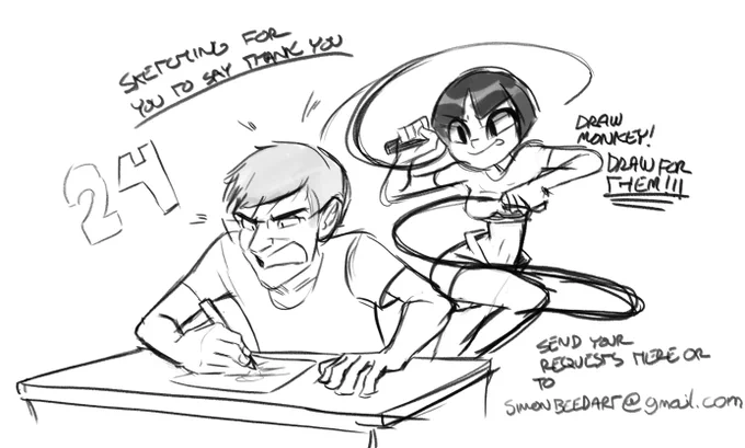 I'm the same age as time itself and in due time, I've made a lot of progress! So in order to give back whatever small thing I can, I'd like do some sketches for you guys to say thanks! You can post your requests here or send me an email at simonbeedart@gmail.com 

Thank you! 