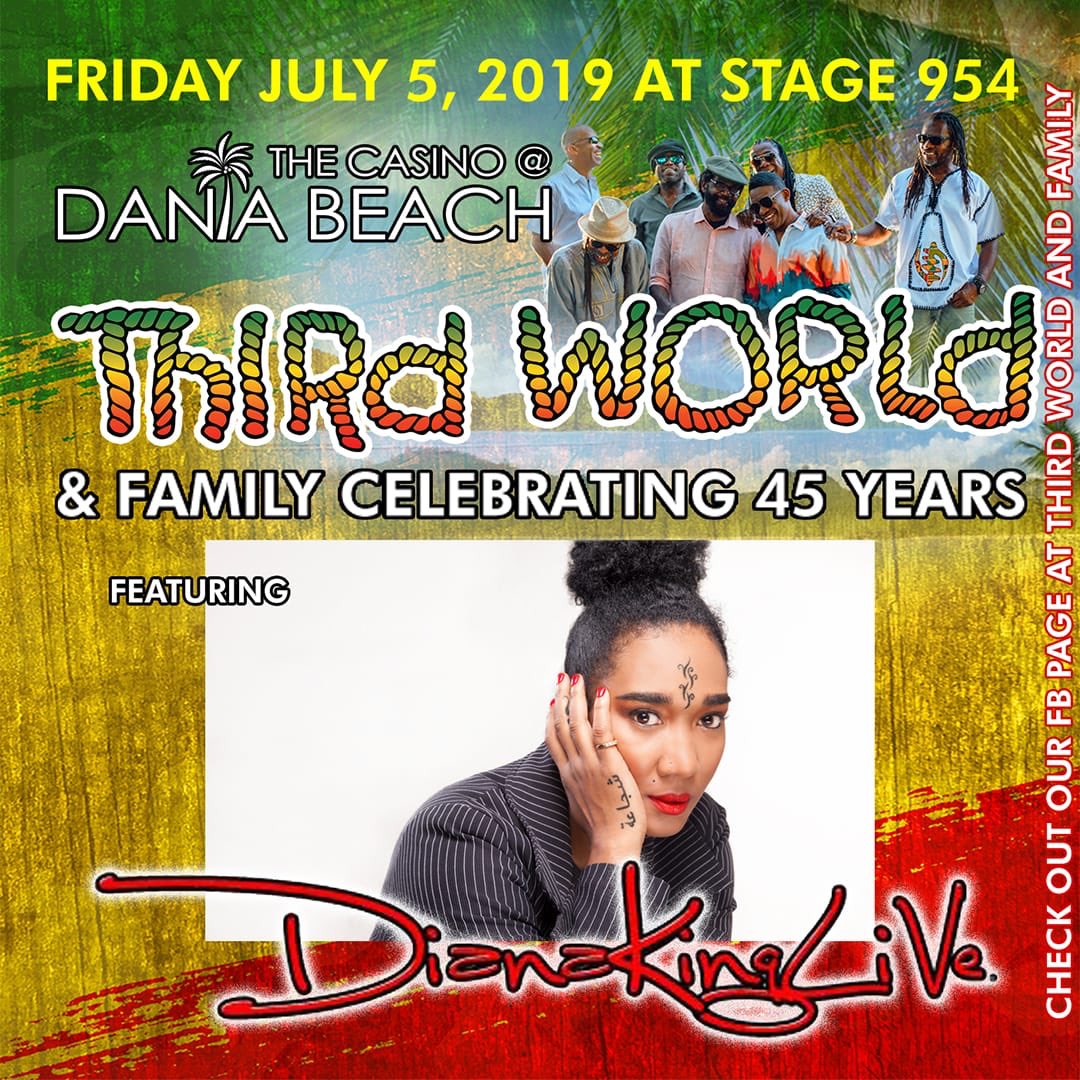 DIANAKINGDOM's tweet photo. ♥️🎵 #partypartyparty • COME CELEBRATE! 45 YEARS! Friday July 5th with @ThirdWorldBand &amp; Family @CasinoDaniaB #soflo — Special guest #DianaKing, #PlutoShervington #TheResolvers #Causion &amp; MORE! TIX ->  https://t.co/mwZIrIcWsZ https://t.co/GuI3p2zia8