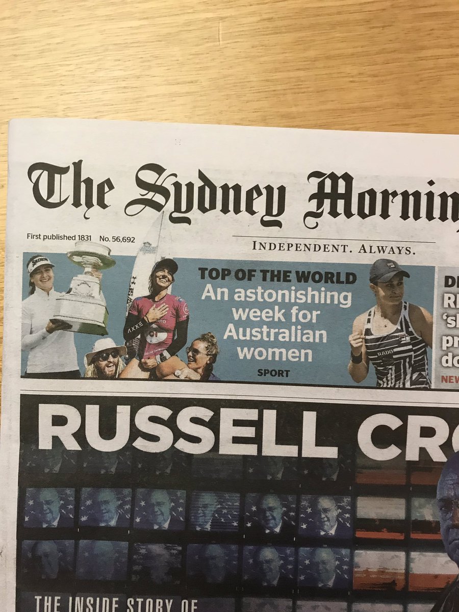 Kate Allman (@kateallman_) on Twitter photo LOVE this cover on <a href="/smh/">The Sydney Morning Herald</a> today. Go girls!! #womeninsport
(Also don’t mind a bit of <a href="/russellcrowe/">Russell Crowe</a> ) LOVE this cover on <a href="/smh/">The Sydney Morning Herald</a> today. Go girls!! #womeninsport
(Also don’t mind a bit of <a href="/russellcrowe/">Russell Crowe</a> )