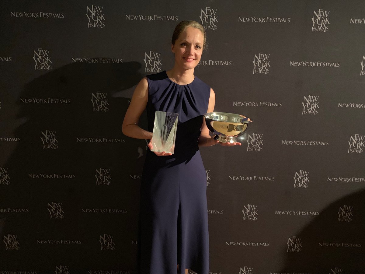 CharlotteMelen's tweet photo. Just me and some awards... πππΎπΎπΎπΎ @_almosttangible won FOUR Gold Trophies (not in pic) + 1 Grand Award for Macbeth AND we were named Production Company of The Year. What a night!!! Beyond proud of the Almost Tangible family β€οΈ #nyfradioawards2019 #newyorkfestivals https://t.co/uNXq8NiRMB