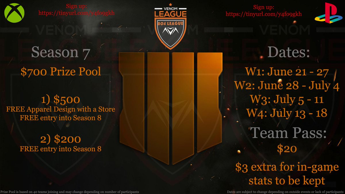 vnmTourney's tweet photo. 🎮 #BlackOps4 #NA #CWLRules 🎮

5v5 Variant League

🗓️ Season 7 - June 21

🏷️ Team Pass: $20
(In-Game Stats $3 Extra)

➖

↘ #XB1💰 #PS4 ↙️ SIGN UP
https://t.co/66i0Ab6bDV

$700 Prize Pool
FREE Apparel Design with a Store
FREE entry into Season 8

➖

DM us if you have questions https://t.co/KukdVNJQtO
