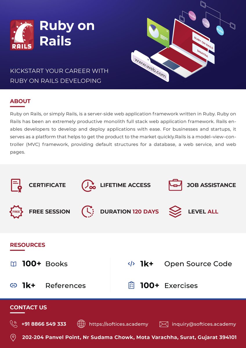 softicesacademy's tweet image. Want to become an expert Ruby on Rails developer? 
Here are all the course details regarding Ruby on Rails Development.
Register yourself to kickstart your career with a boom!
#rubyonrails #Rubyonrailsdevelopment #Rubyonrailscourse