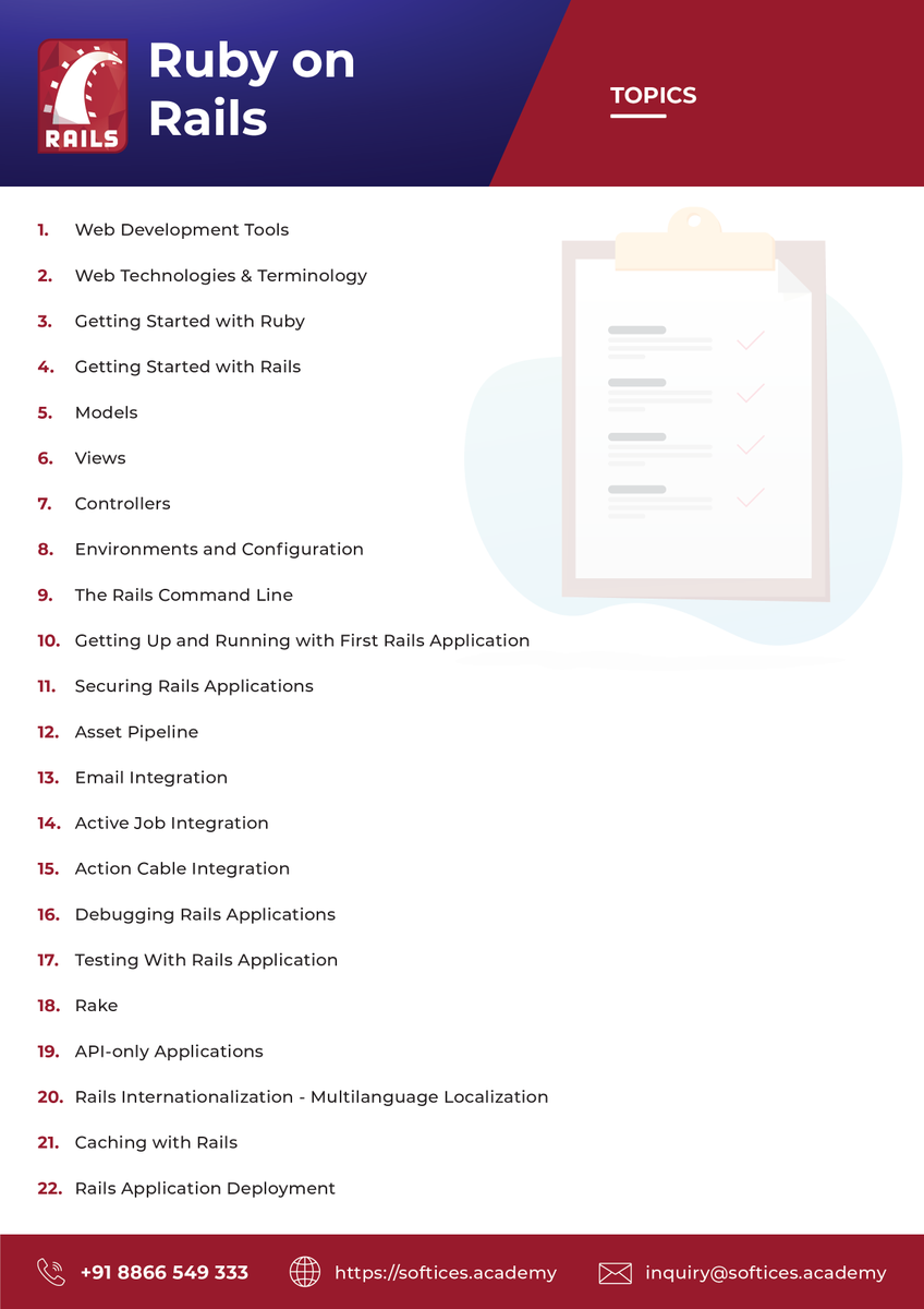 softicesacademy's tweet image. Want to become an expert Ruby on Rails developer? 
Here are all the course details regarding Ruby on Rails Development.
Register yourself to kickstart your career with a boom!
#rubyonrails #Rubyonrailsdevelopment #Rubyonrailscourse