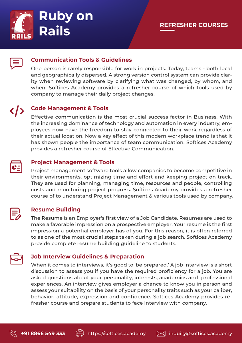softicesacademy's tweet image. Want to become an expert Ruby on Rails developer? 
Here are all the course details regarding Ruby on Rails Development.
Register yourself to kickstart your career with a boom!
#rubyonrails #Rubyonrailsdevelopment #Rubyonrailscourse