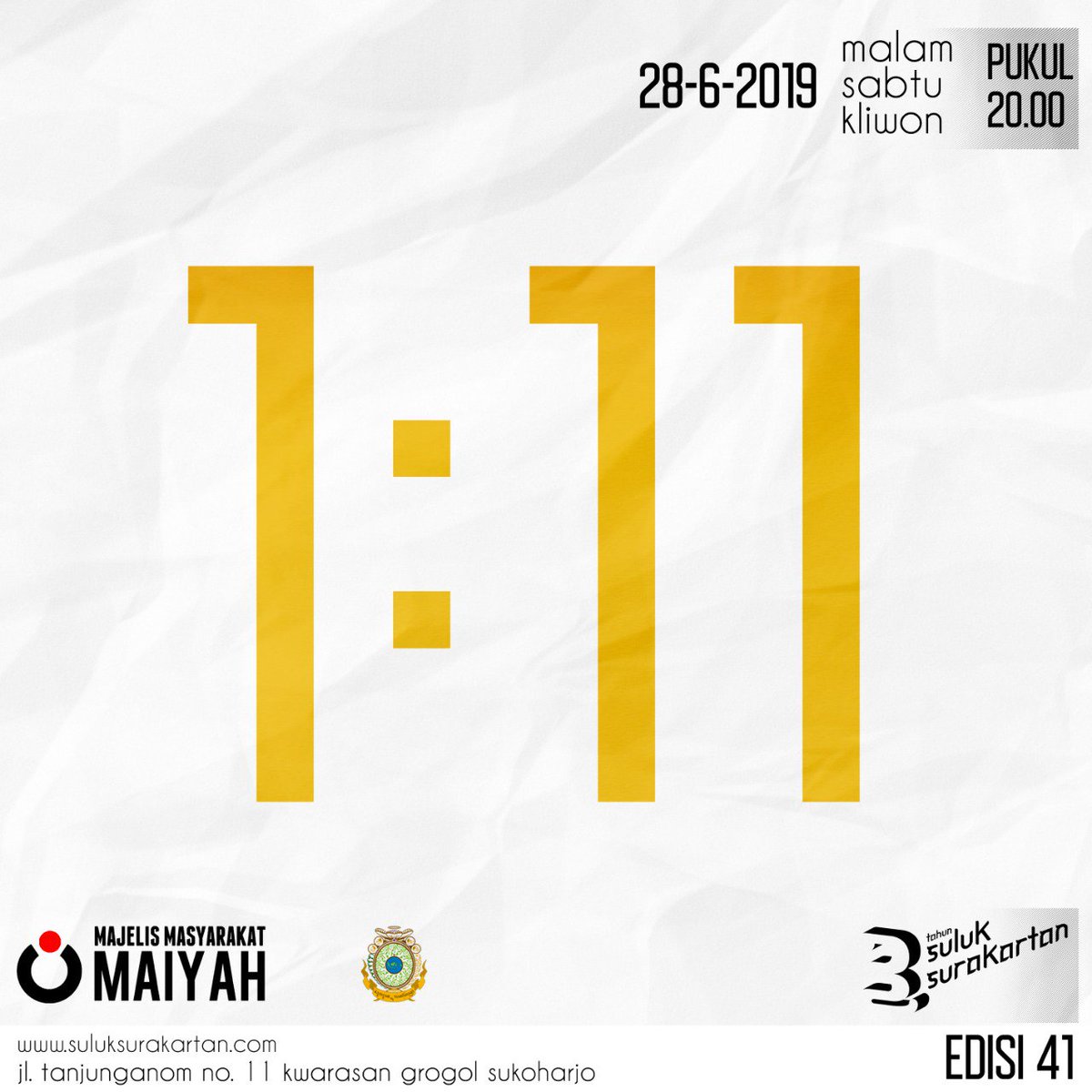 suluksurakartan's tweet photo. #AGENDA
Majelis Masyarakat Maiyah Surakarta
Edisi 41
1:11
Jumat,28 Juni 2019
Pukul 20:00 WIB
Lokasi Jalan Tanjunganom 11, Kwarasan, Grogol, Sukoharjo
#SSJuni #SS41 https://t.co/jOldbb2GUa
