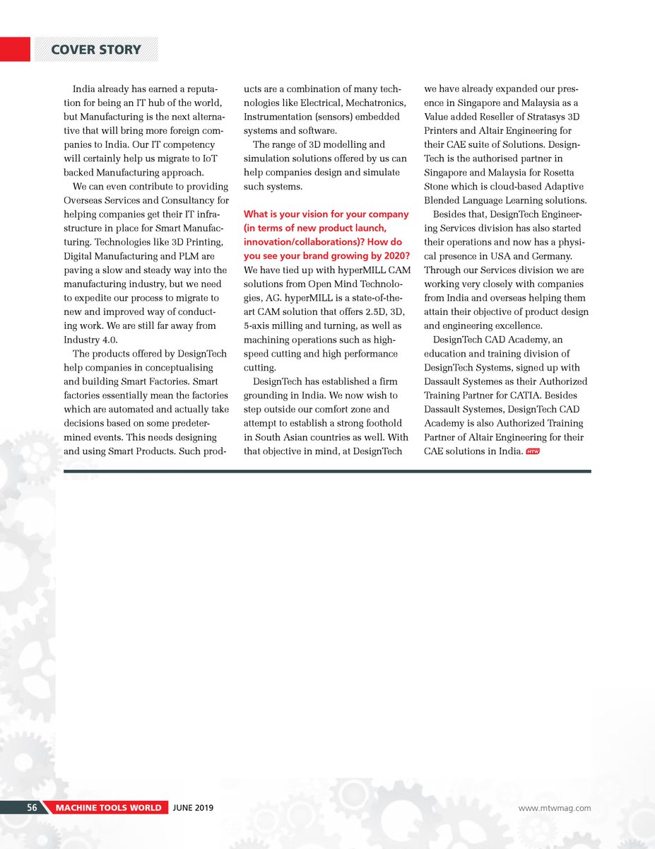 DesignTechSys's tweet photo. Mr. Vikas Khanvelkar, Managing Director, DesignTech Systems #interview published in Machine Tools World #magazine #June2019 issue
DesignTech Systems: Helping in Harnessing the Power of #IoT in #Manufacturing @KhanvelkarV #DesignTechSys #DesignTechSystems #VikasKhanvelkar #news https://t.co/vE4zf4Y2zv