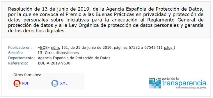 transparencia_e's tweet image. Se convoca el Premio a las Buenas Prácticas en #Privacidad y #ProteccióndeDatosPersonales sobre iniciativas para la adecuación al Rgto. Gral. de protección de datos y a la LO de protección de datos personales y garantía de los derechos digitales  @AEPD_es 
boe.es/diario_boe/txt…