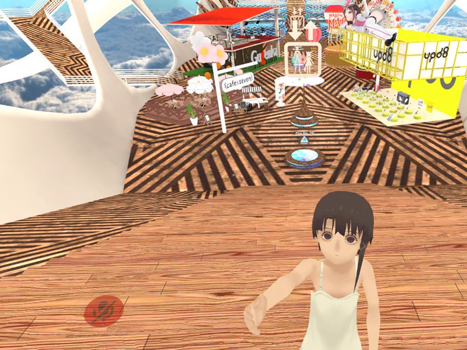 #VRchatセルフィーで自撮りする玲音とJapanTownで意味もなく屋上に立つ玲音と覗き屋lain 