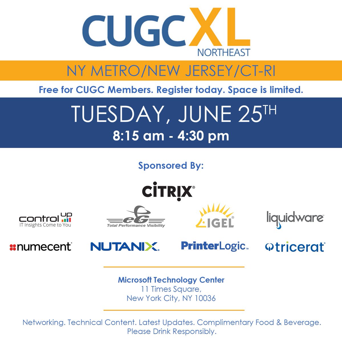 Numecent's tweet photo. Good morning @myCUGC! Meet your #NEXL sponsors today at the #Microsoft Technology Center in #NYC: @Numecent @ControlUp @eGInnovations @IGEL_Technology @Liquidware @nutanix @PrinterLogic @Tricerat #myCUGC https://t.co/EFlREXSdtO https://t.co/wrASKYbGHf