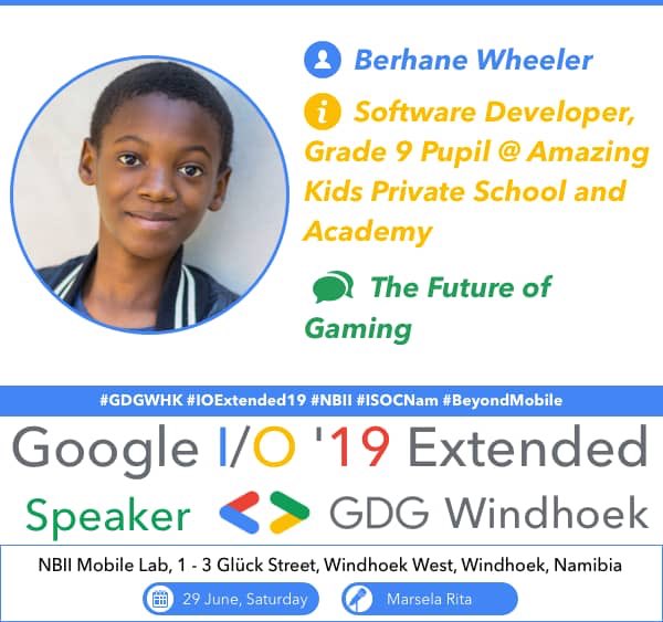 gdgwindhoek's tweet photo. You thought we were done! Noooope! We saved the best for last. Our speaker Berhane Wheeler is a grade 9 learner and a software developer that build many #MobileApps over the years. And active member of the #developerCommunity #BeyondMobile #GDGWHK #IOExtended19 @Stancia_Shipepe https://t.co/Yvh6zRAw27