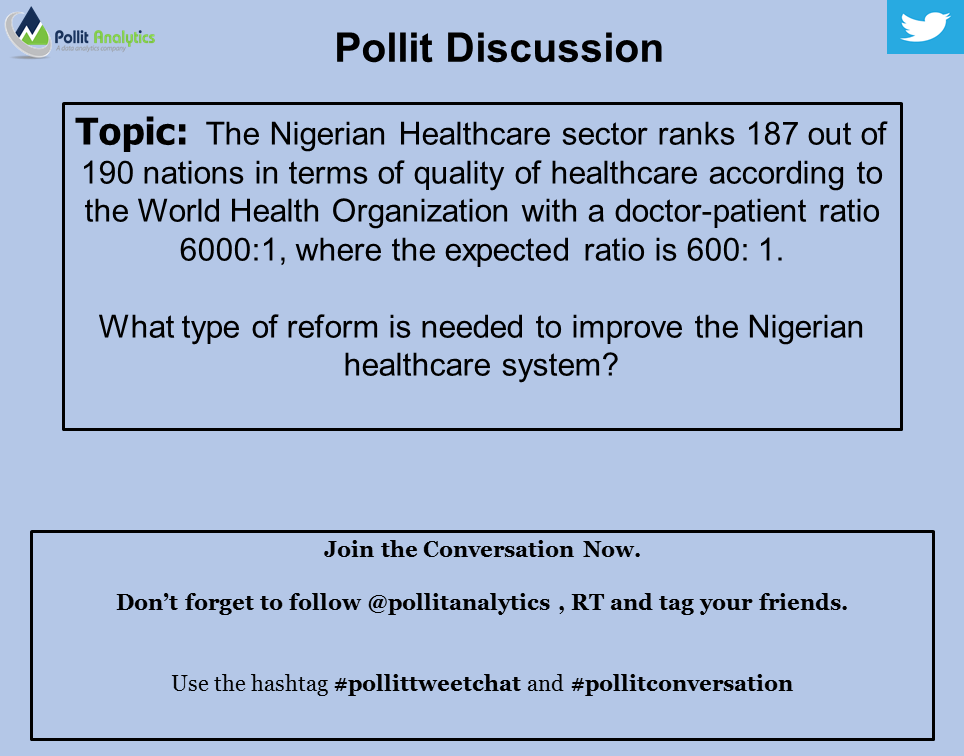 PollitAnalytics's tweet photo. What type of reform is needed to improve the Nigerian healthcare sector?
Kindly drop a comment and let's discuss, tag others and RT.
#Pollittweetchat #Pollitdiscussion #Pollitconversation https://t.co/xsdUkUqKcC