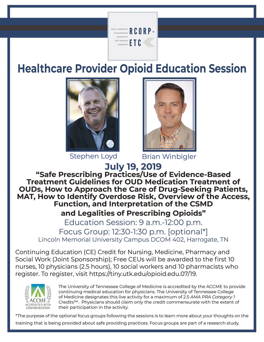 tnopioid's tweet photo. Don’t miss this excellent provider training opportunity and earn free continuing education credits for the first 10 nurses, physicians, pharmacists, and social workers who register. https://t.co/CX6sxy1rBk