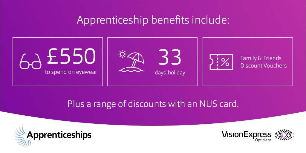 Few apprenticeships offer 33 days holiday and free eyewear (a choice of either glasses or sunglasses), these are some of the many reasons why our Apprenticeship is so popular. 

To read more or apply please visit visionexpresscareers.com/apprenticeship

#VisionExpressApprenticeship