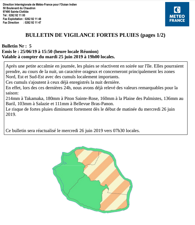 ActusMeteo974's tweet photo. Un bulletin de #vigilance fortes pluies vient d'être émis par @meteofrance pour Le Nord, l'Est et le Sud-Est de #LaRéunion valable à compter de 19h.
Ces dernières 24h, les cumuls sont déjà remarquables (> 100 mm par endroit)
Source : https://t.co/sbvdRcFNXx #meteo974 https://t.co/7w0BBEUbgM