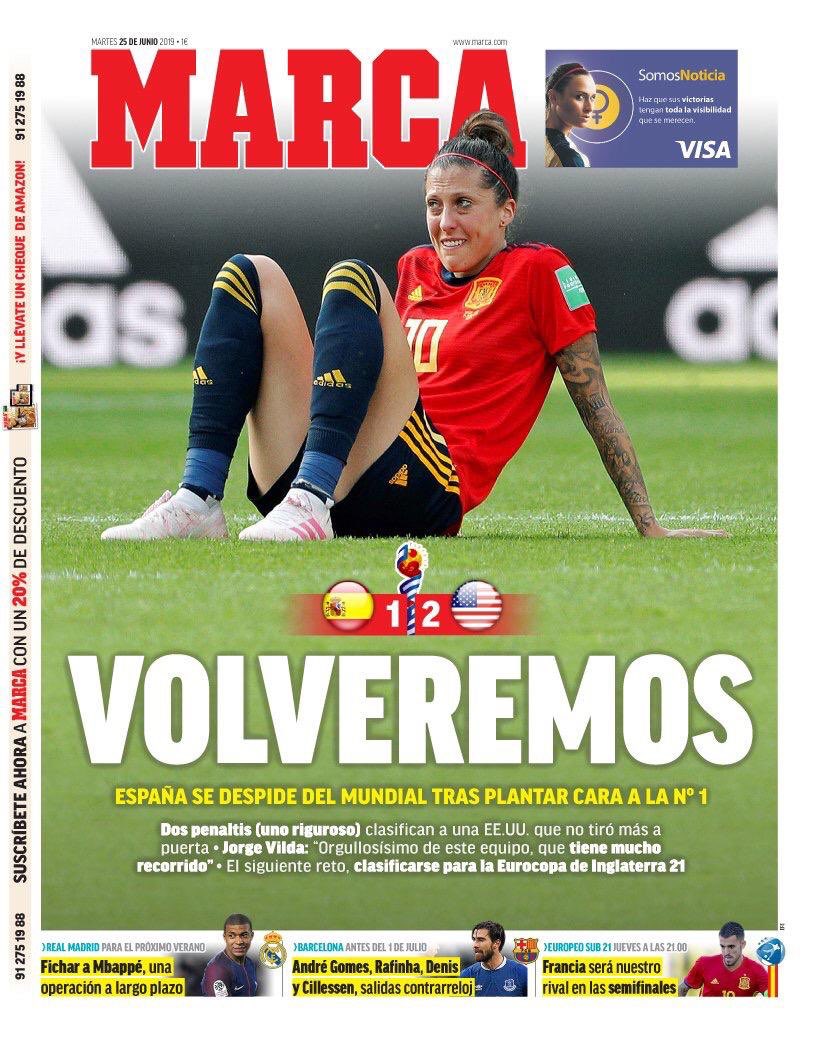 FIFAWWC_ESP's tweet photo. Portadas de la prensa deportiva española hoy 💔💪

#ESP #DareToShine #FIFAWWC https://t.co/zdc6bVz2VW
