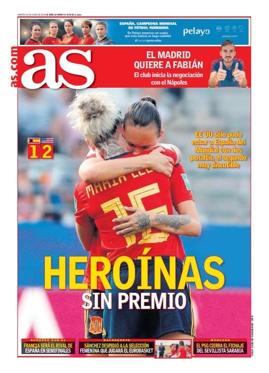 FIFAWWC_ESP's tweet photo. Portadas de la prensa deportiva española hoy 💔💪

#ESP #DareToShine #FIFAWWC https://t.co/zdc6bVz2VW