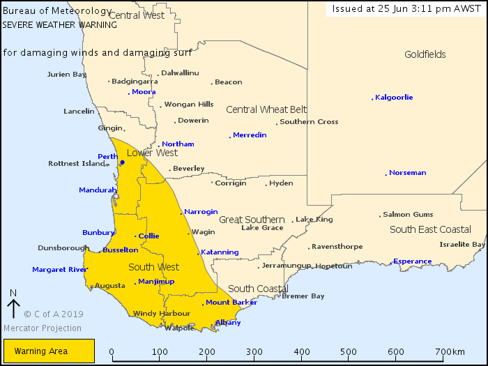 Severe weather warning issued for damaging winds with gusts to 100 km/hr as cold front crosses coast tomorrow. Warnings SW of a line #Busselton to #Albany by 8 am Wed then SW of line #Yanchep to #Narrogin to #Katanning to Albany by 2 pm Wed PM. http://ow.ly/QECr50uM4xp @dfes_wa