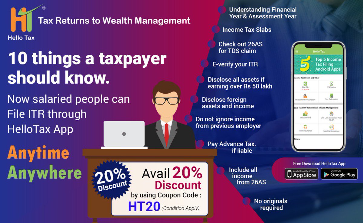 HelloTaxIndia's tweet photo. 10 Things a taxpayer should know.
#HelloTax #HelloTaxmobileapp #fileITRthorughHelloTax #fileITRanytimeanywhere #salariedperson #incometaxreturn #taxtowealth #fileITRinlesscostjustRs125 #20percentdiscount #availableoniodandandroid #freedownloadHelloTaxapp #ay201920 https://t.co/S0VFwPQHHl