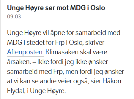 En Høyre+MDG-regjering er mitt drømmescenario: Erfarne Høyre holder tenåringspartiet MDG i tømmene og unngår de verste feilskjærene. MDG får på sin side Høyre til å myke opp synet på hvordan ting MÅ være, og erkjenne at kampen for miljø og klima er grunnleggende konservativ.