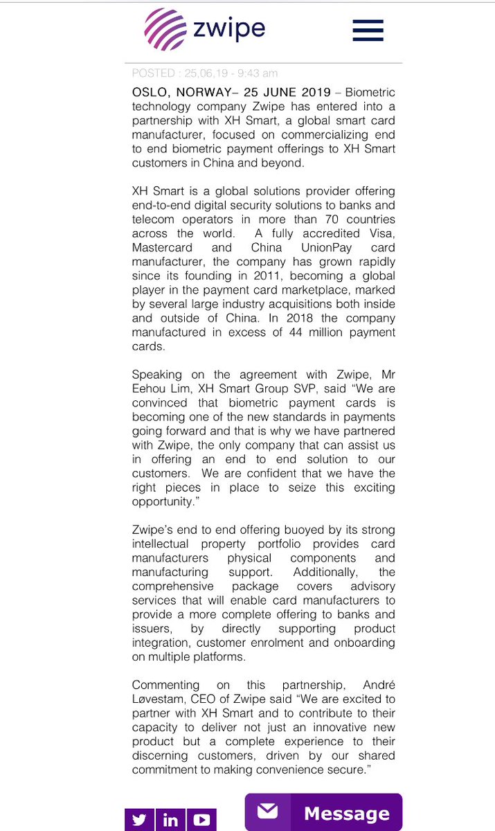 PhuurXVI's tweet photo. Zwipe has entered into a partnership with XH Smart, a global smart card manufacturer, focused on commercializing end to end biometric payment offerings to XH Smart customers in China and beyond. #Biometrics #Payment #Zwipe #XHSmart #no1biometrics #BSC #BPC https://t.co/RBuId4PDhh https://t.co/uK5nzz57Tk