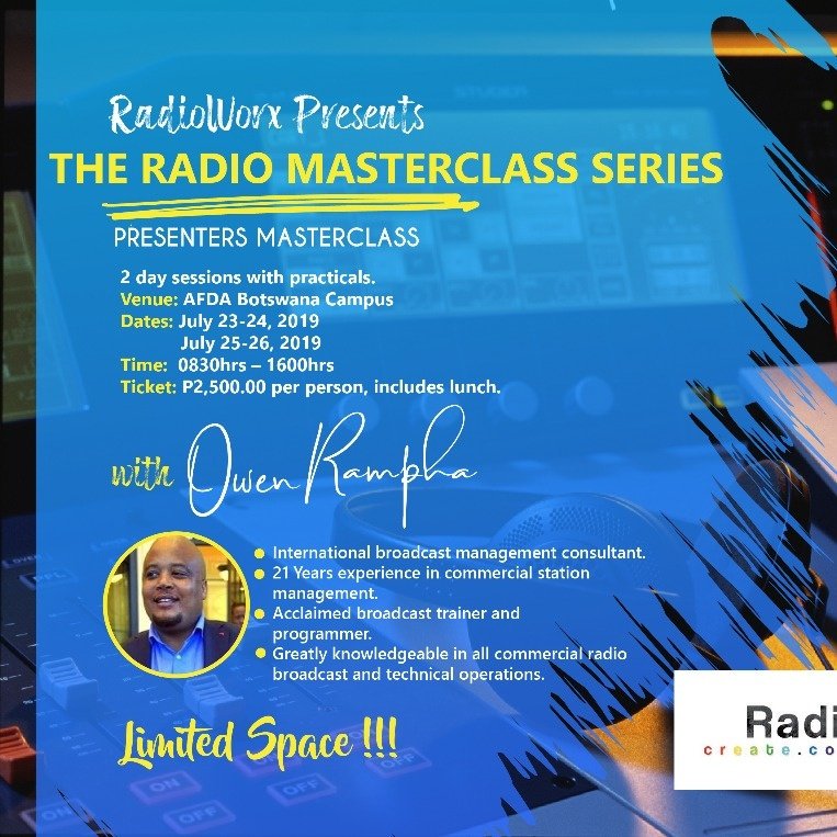 RadioWorx's tweet photo. Learn the essentials of radio with the 2019 Radio Master Class with Owen Rampha. Ideal for Radio Presenters, Programmes Managers, Producers and those Aspiring to be on Radio! MARKETERS, PR &amp; Comms people
 #ChangingRadio #SeeRadioDiffently  #RadioMasterClass #ADayWithRadioIcons https://t.co/HjTwHIfRaD