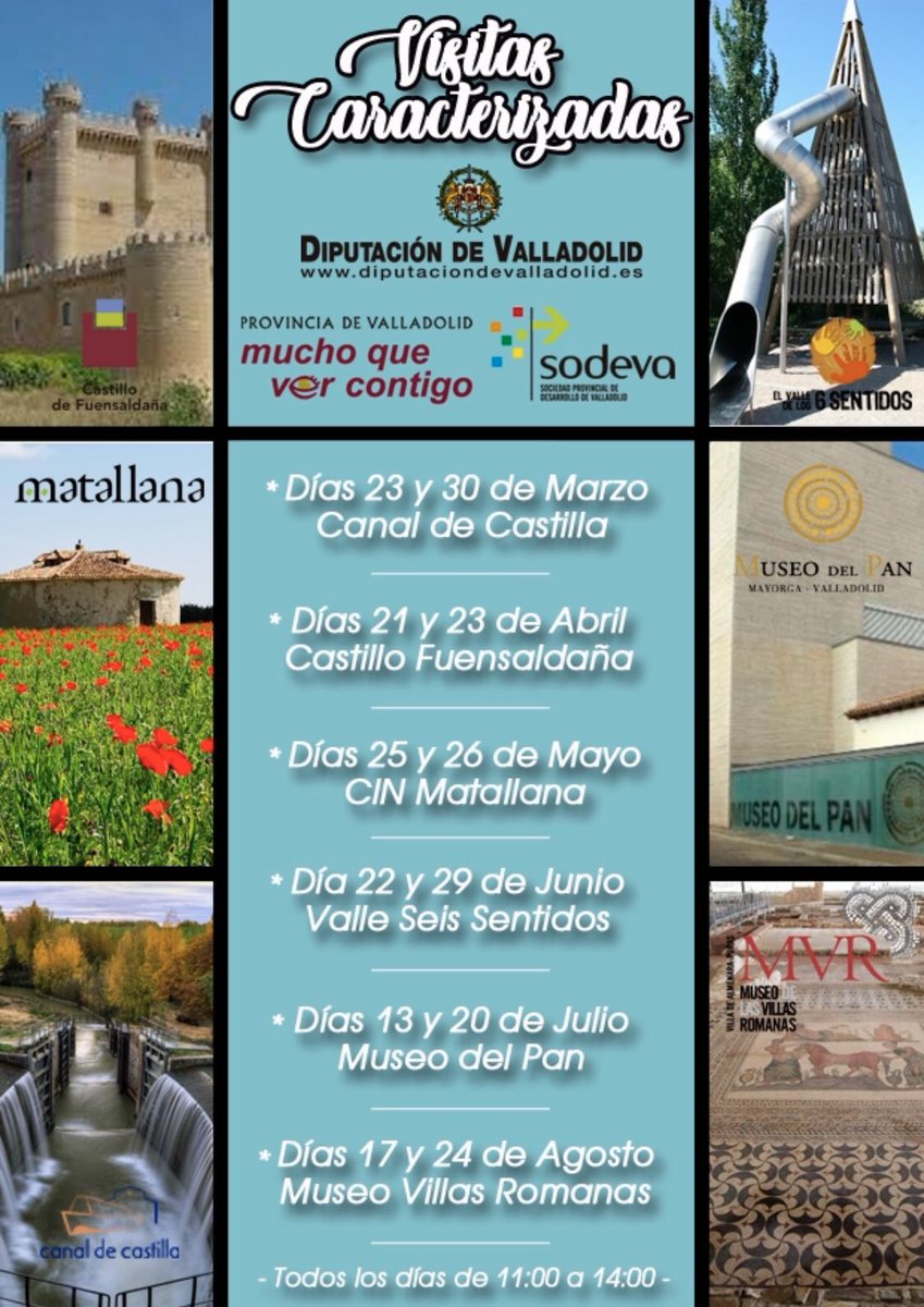 turvalladolid's tweet photo. 🎭 Descubre los Centros Turísticos de la @Dip_Va en la provincia de #Valladolid con las visitas caracterizadas en #Castillo de Fuensaldaña y Peñafiel #Valle6Sentidos #MuseoPan #CINMatallana #CanalDeCastilla #VillasRomanas https://t.co/DsJxcgmt3o