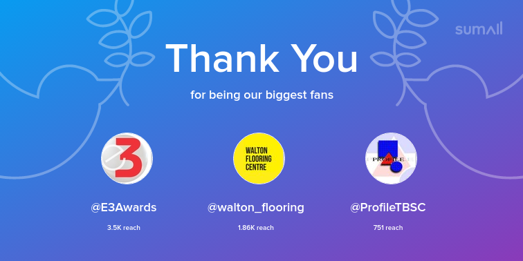 Our biggest fans this week: E3Awards, walton_flooring, ProfileTBSC. Thank you! via sumall.com/thankyou?utm_s…