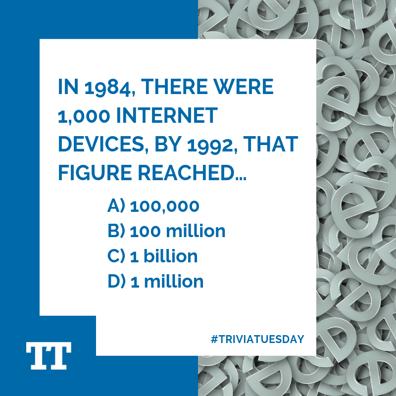 twin_technology's tweet photo. It’s time for another #TwinTriviaTuesday! 🙌
In 1984 there were 1,000 Internet devices. By 1992, what did that figure reach? 🤔
Pop your answer in the comments and we’ll post the answer later on today! 😁
#Trivia #TwinTrivia #TriviaTuesday #internet #internetdevices #quiz https://t.co/VBM2yvLzHK