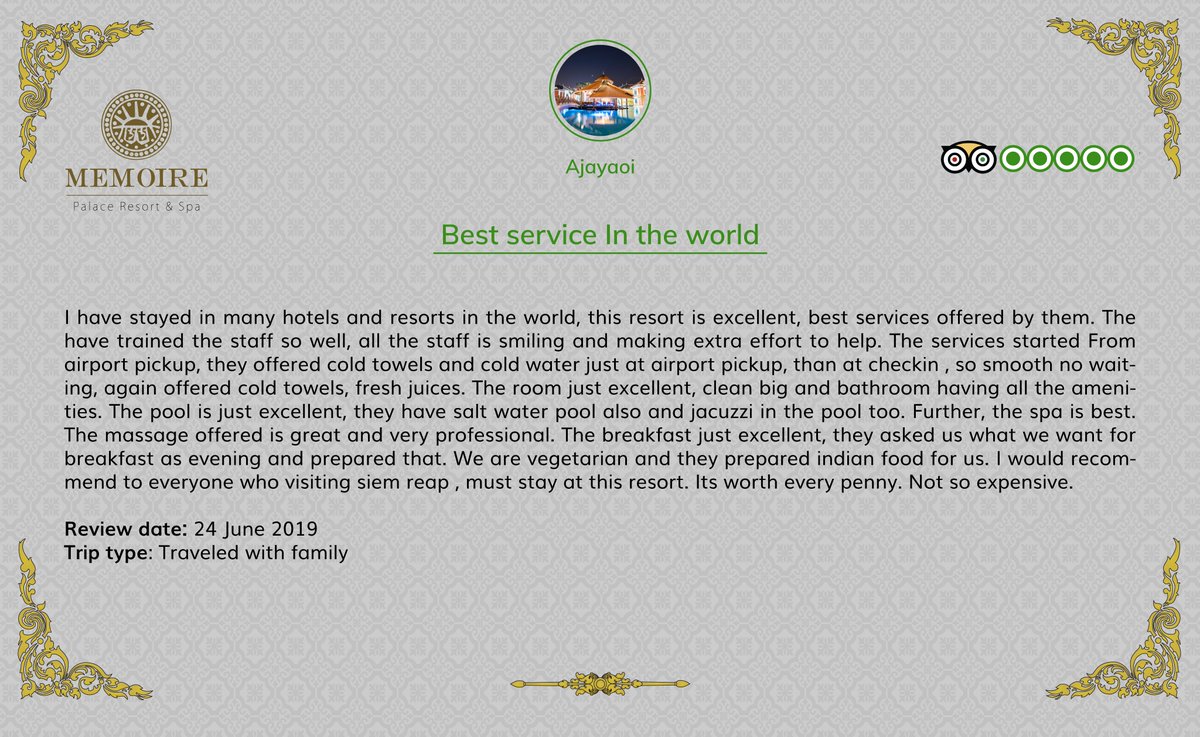memoirepalace's tweet image. Thank you so much for choosing Memoire Palace Resort &amp;amp; Spa to stay on your holiday. We would like to express our gratitude for your sharing experience review which is very important for all traveler around the world. 
#Siemreap #cambodia #angkor #luxuryhotel #palace #memoire