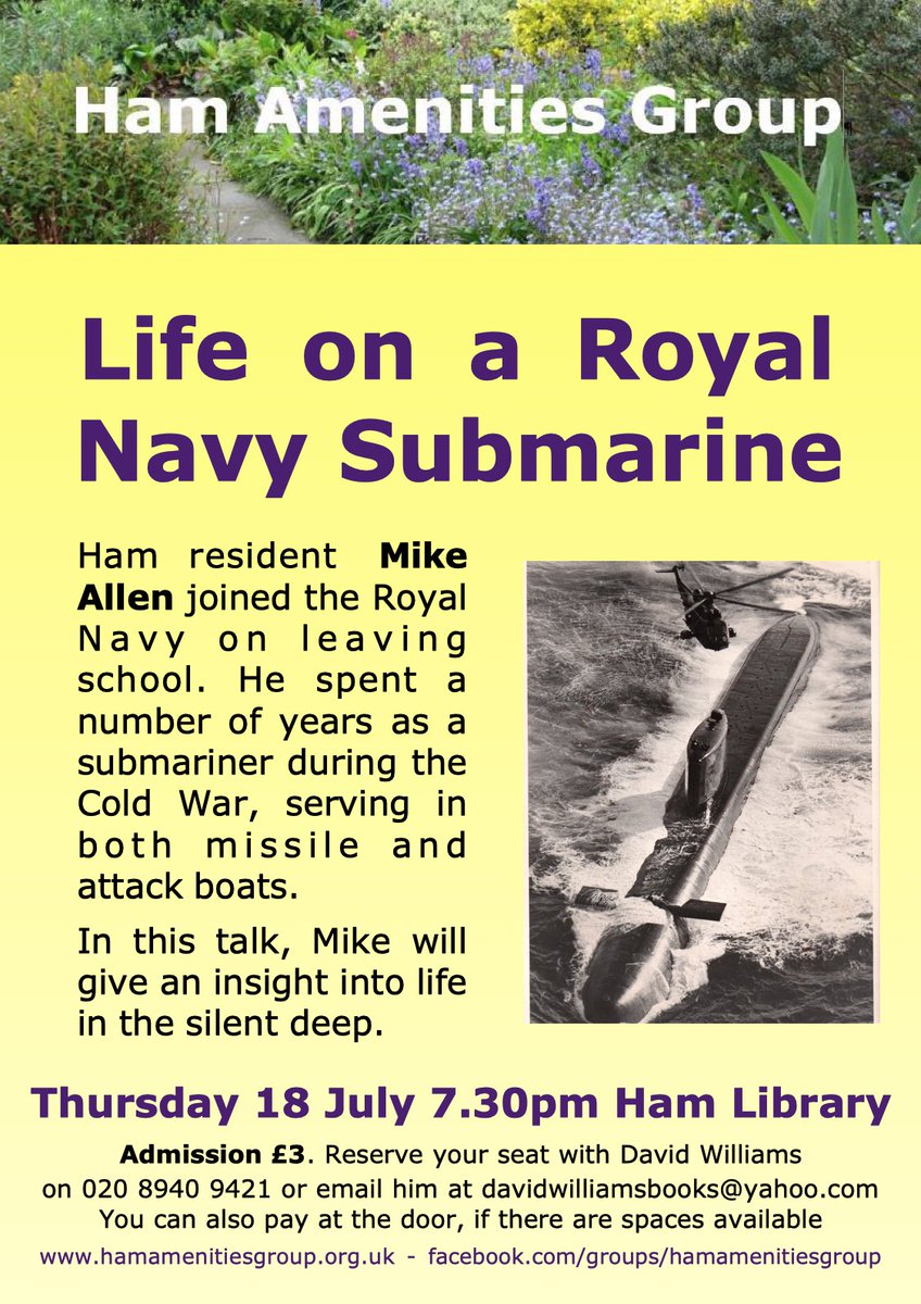 HamAmenitiesGrp's tweet photo. What do you know about submarines? This is your chance to find out what it is like to live in one. Our talk on Thursday 18 July will be Life on a Royal Navy submarine.
https://t.co/S1Jobs4qb9 https://t.co/cM6ptWwliH