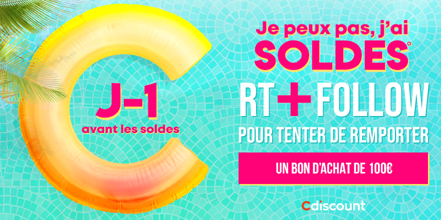 Cdiscount's tweet photo. 🎁 #Concours

👉 Pour profiter des soldes demain (RDV à 8h) : 
5 bons d'achat de 100€ sont à gagner !

🔸 Pour tenter votre chance : 
RT + Follow @Cdiscount

TAS 25/06 à 18H00

🏃#JePeuxPasJaiSoldes
#Soldes2019 https://t.co/37jG9QXqXA
