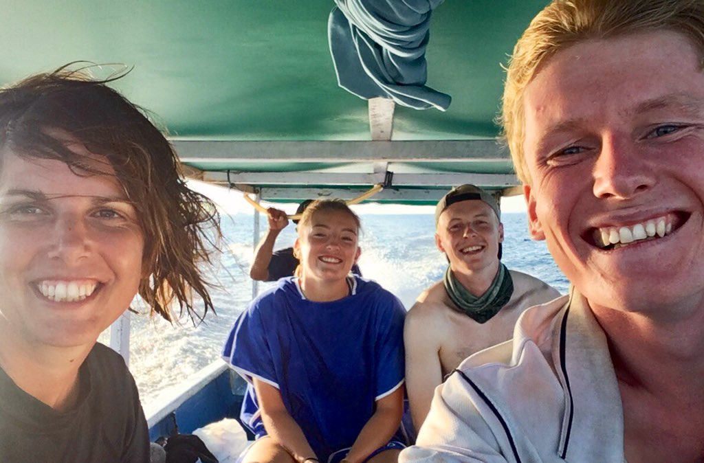 TimACLamont's tweet photo. A boatload of smiles at the end of a big day underwater - exciting times on our new collaboration between @ExeterMarine and @MarsGlobal, supported by @UoEEduInc! Here we go! #bioacoustics #coralreefrestoration #letsgo https://t.co/pU8cygV01q