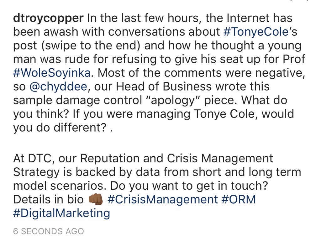 DTroyCopper's tweet image. Online Reputation Management Test: Tonye Cole vs The Internet. How would you handle the “crisis”? 

Well, first things first, take full responsibility for your actions ...

What would you do different? #PR #ORM #CrisisManagement