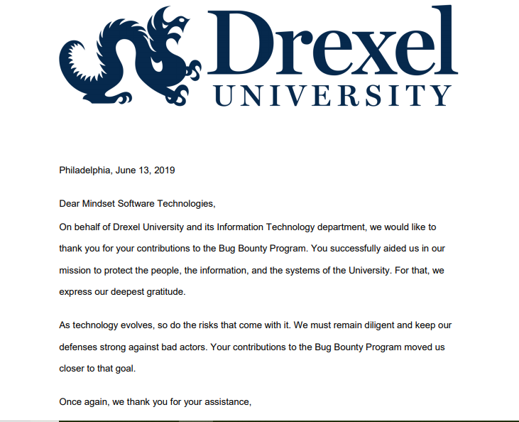 Mindsetechnolog's tweet photo. @DrexelUniv - Happy to inform you that Drexel University has recognized us in the field of cyber security. #bugbounty

Many thanks for your encouragement as we move along our successful journey of keeping CYBER SPACE safe. #security #networksecurity #cyberspace #drexel #bugbounty https://t.co/cRFxYtwFVv