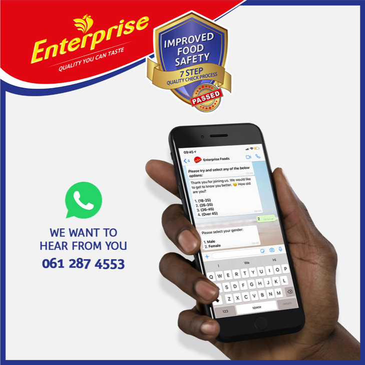 Our WhatsApp channel is the best way for you to get in touch with us. You can ask us questions or find out about your favourite Enterprise Products and win prizes! Join our channel today on 061 287 4553 or click bit.ly/2HlYLbs