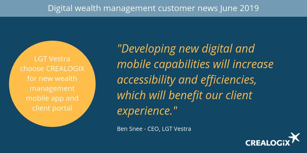 CREALOGIX's tweet image. "Developing new digital and mobile capabilities with @CREALOGIX_en will increase accessibility and efficiencies which will benefit our client experience" - Ben Snee, CEO LGT Vestra
hubs.ly/H0jtF980
#DigitalWealthManagement