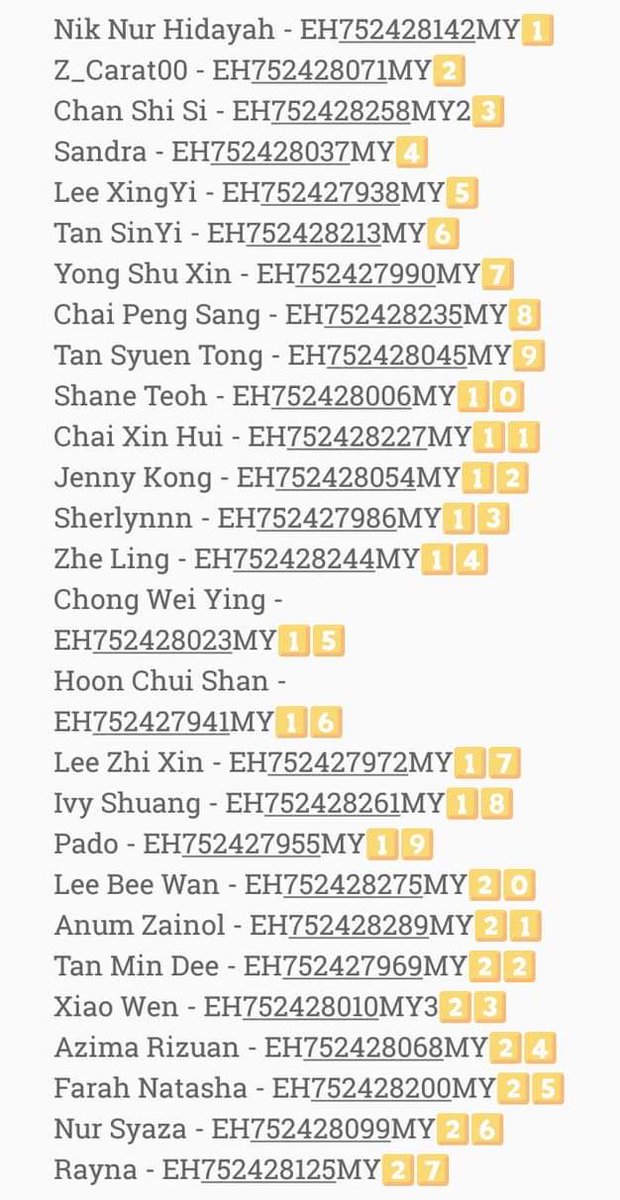 AlwaysWithSVT1's tweet photo. Tracking Number ๐
All cup sleeve have done post out today kindly track it on tomorrow
If have any issue for the track number may ask our admin @svt956789msia
If you didn't see ur name on the list may dm us for it ๐
#AlwaysWithSVT
#SEVENTEENINKL #SEVENTEENINMY https://t.co/sNkQZJ3MXf