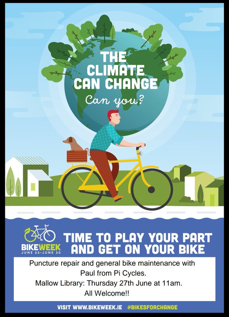 corkcolibrary's tweet image. Get on your #BikesForChange with us in #MallowLibrary this Thursday, June 27th at 11am.

Paul from @Pi_Cycles joins us for a FREE workshop on general bike maintenance and puncture repair.

All welcome.
#CorkBikeWeek #Bikeweek2019