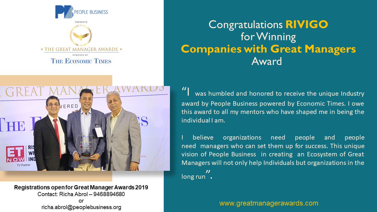 pbgmawards's tweet photo. #greatmanagerawards2019 #greatmanager
Congratulations @RivigoLogistics for winning 'Companies with Great Managers Award'.

#awards #GMA #gma2019 #iamgreatmanager #employerbranding #engagement #register https://t.co/YwzVRThCsy