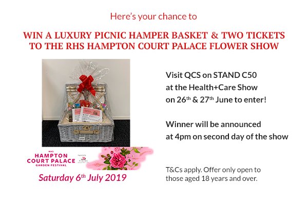 UKQCS's tweet image. Catch the QCS team tomorrow at the ExCel for the Health+Care Show!

***BE IN FOR A CHANCE OF WINNING A LUXURY PICNIC HAMPER &amp;amp; TWO TICKETS TO THE RHS HAMPTON COURT PALACE FLOWER SHOW - Visit QCS on STAND C50 to enter!***

We are looking forward to seeing you all there! #RandHCS
